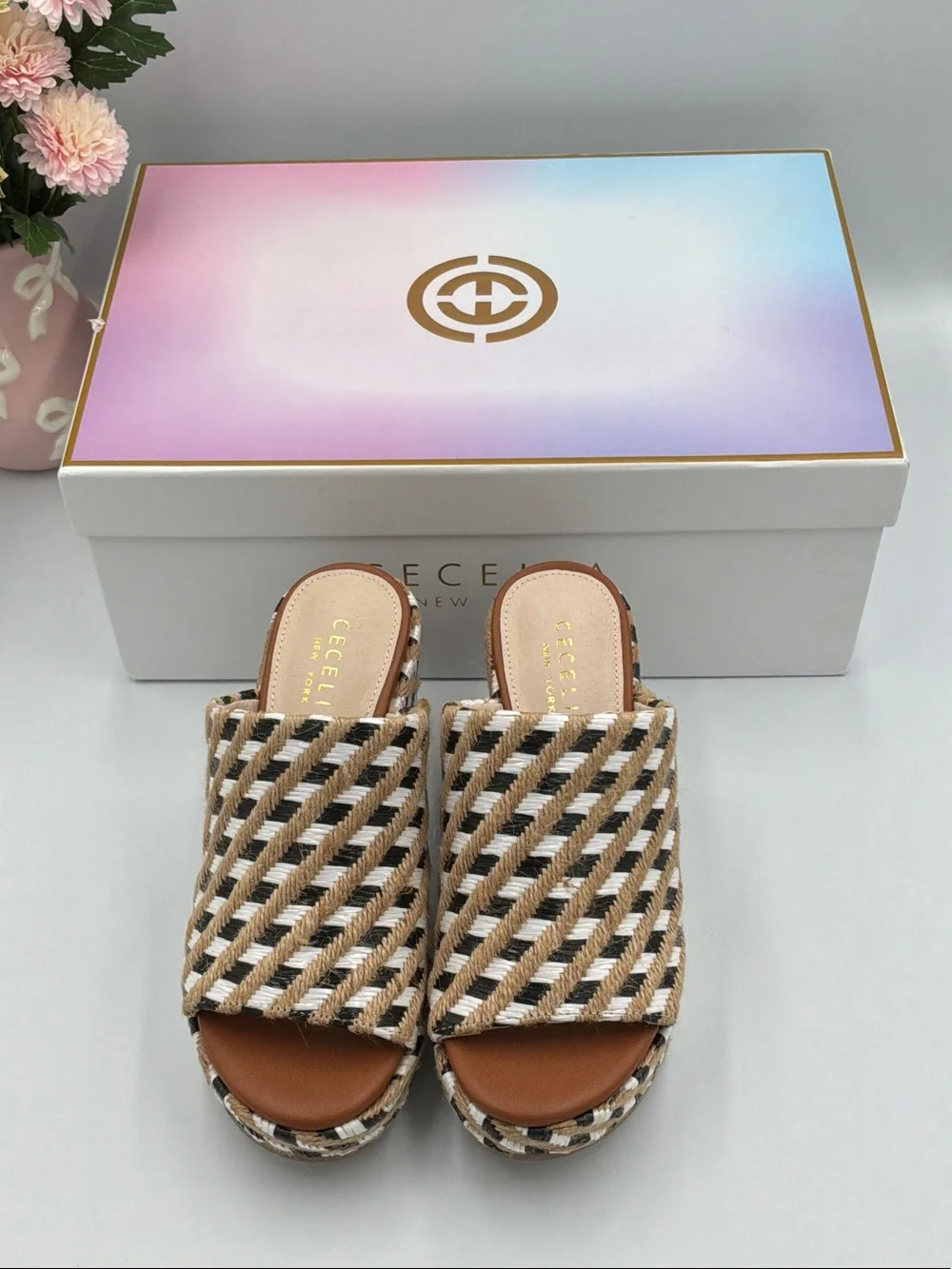 CECELIA NEW YORK Brown & White Woven Platform Mules